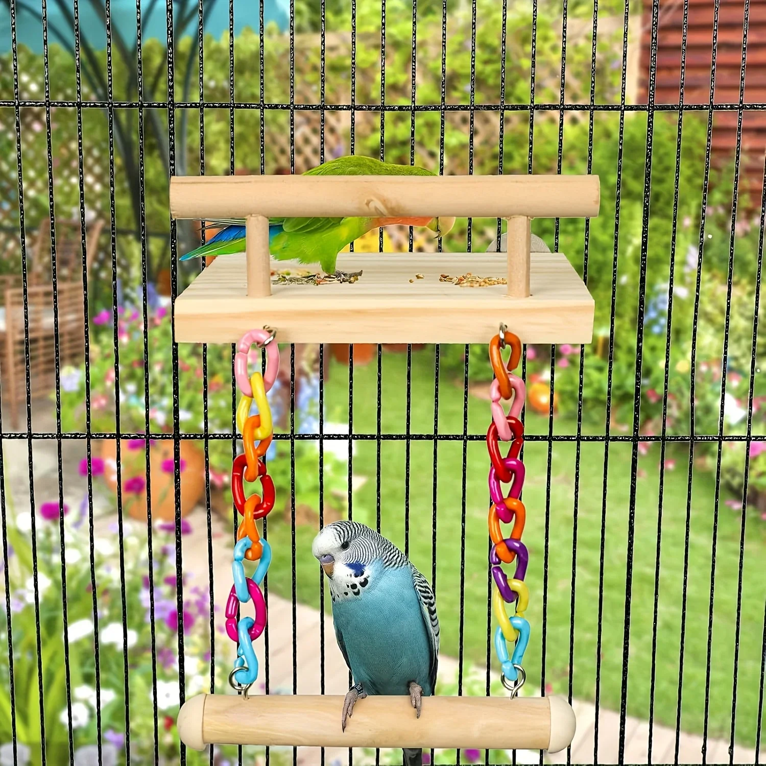 Dependable Wooden Bird Cage Platform Set with Swing and Rope Bridge Excellent