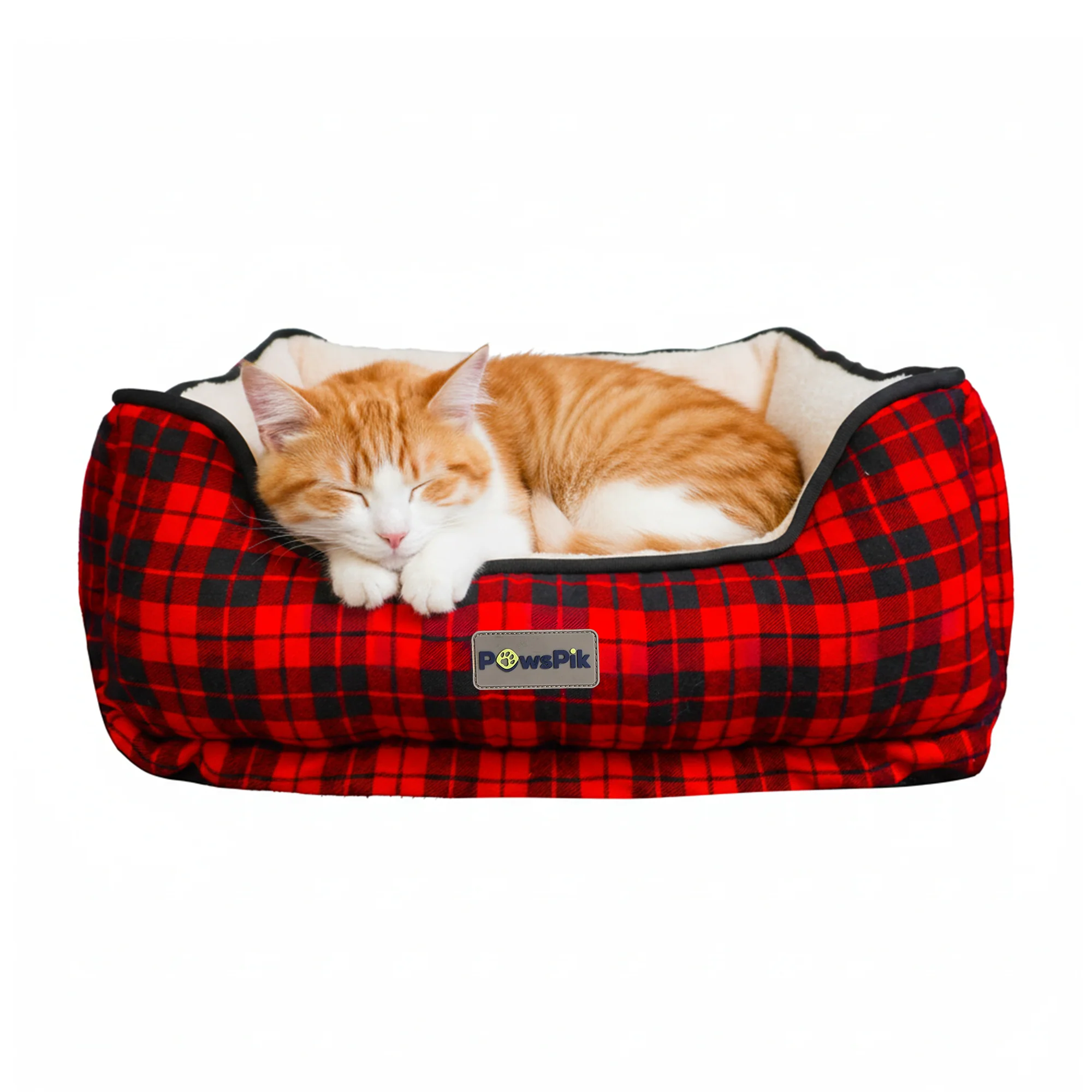 Official PawsPik® Cozy Fleece Plush Cat Dog Orthopedic Bolster Bed Red Flannel Solid