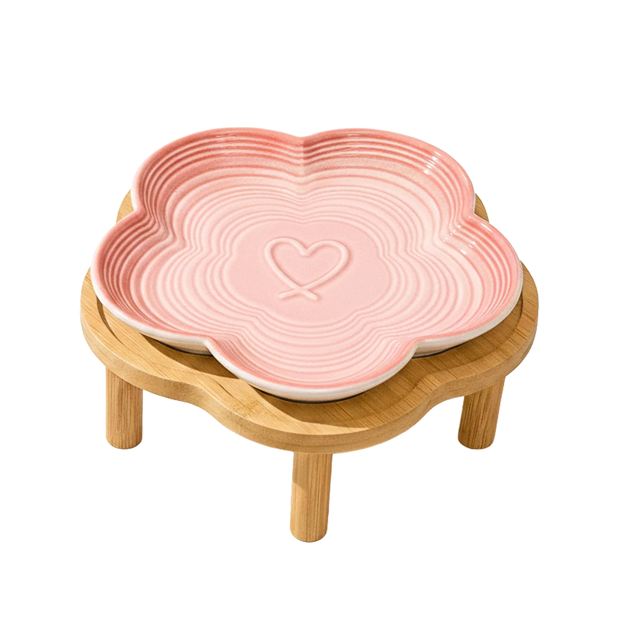 Fashionable PawsPik® Flower Ceramic Feeding Cat Plate with Raised Bamboo Stand Environmentally Friendly