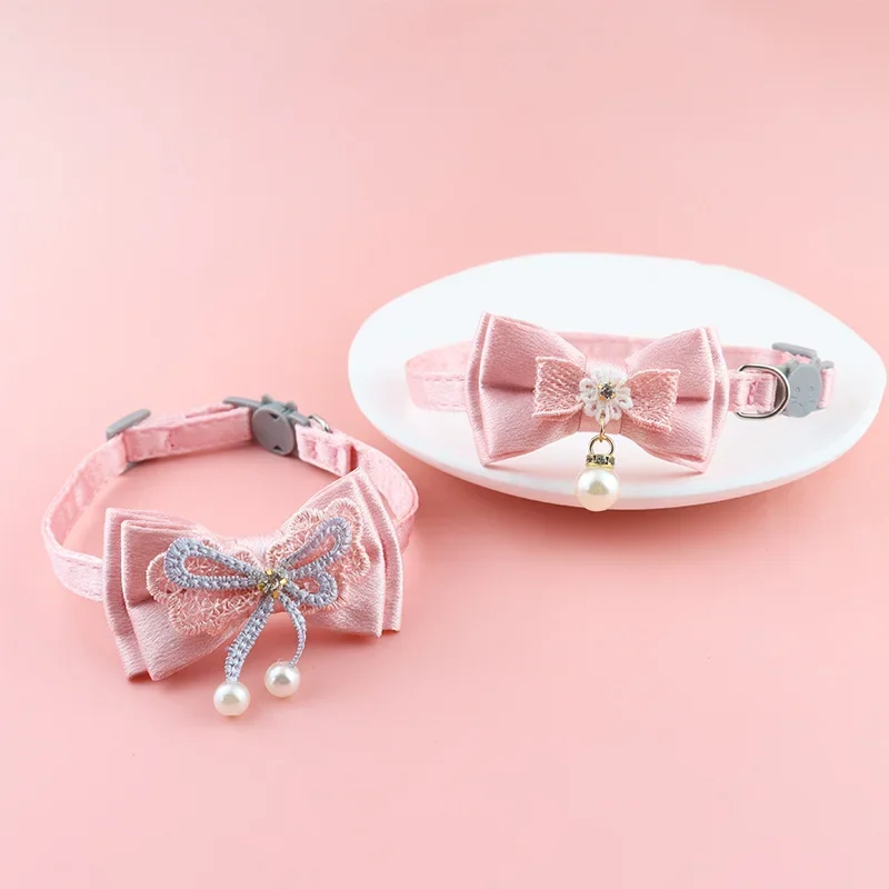 Prestigious Pink Lace Bow Pet Collar with Bell for Cats and Small Dogs Long-Lasting