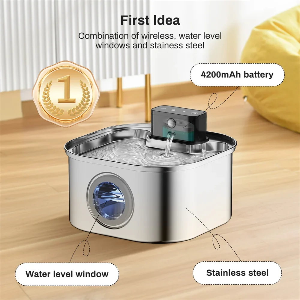Top-Quality Stainless Steel Wireless Rechargeable Pet Water Fountain — Automatic Induction Drinking Bowl Smart