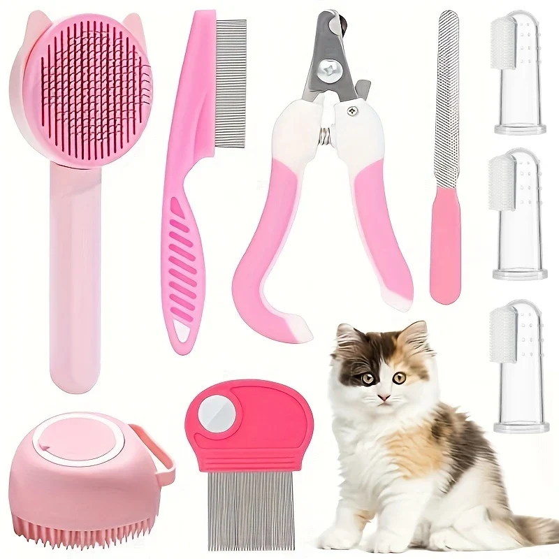 Smooth 8-Piece Pet Grooming Kit — Self-Cleaning Brush Nail Clippers Flea Comb Bath Brush for Cats Dogs Functional