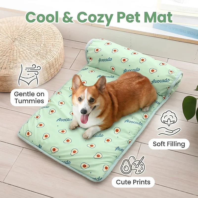 Fine Ice Silk Cooling Mat for Dogs Cats — Non-Slip Washable with Integrated Pillow Cute Print User-Friendly