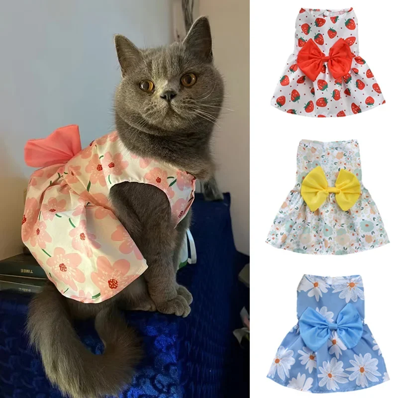 Reusable Fruit Floral Print Bow Dress for Cats Small Dogs Original