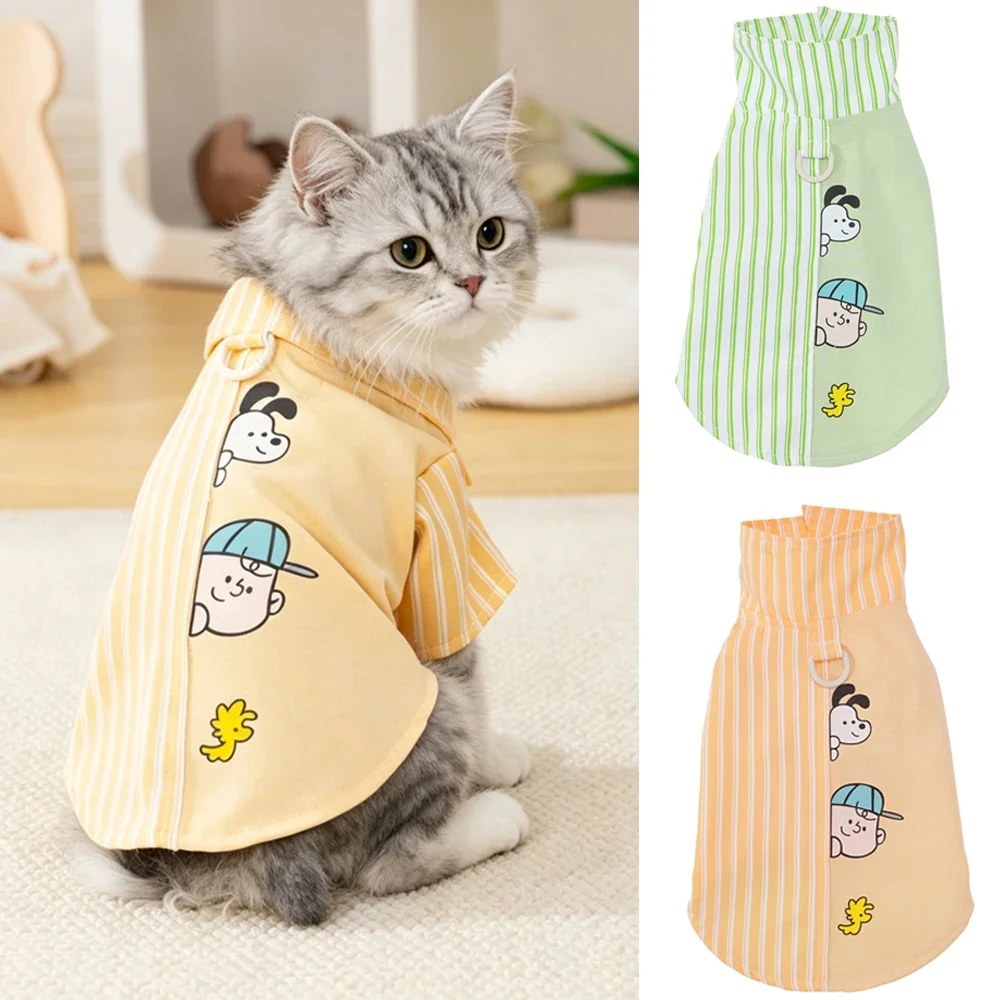 Solid Striped Pet Shirt with D-Ring for Cats Small Dogs Functional