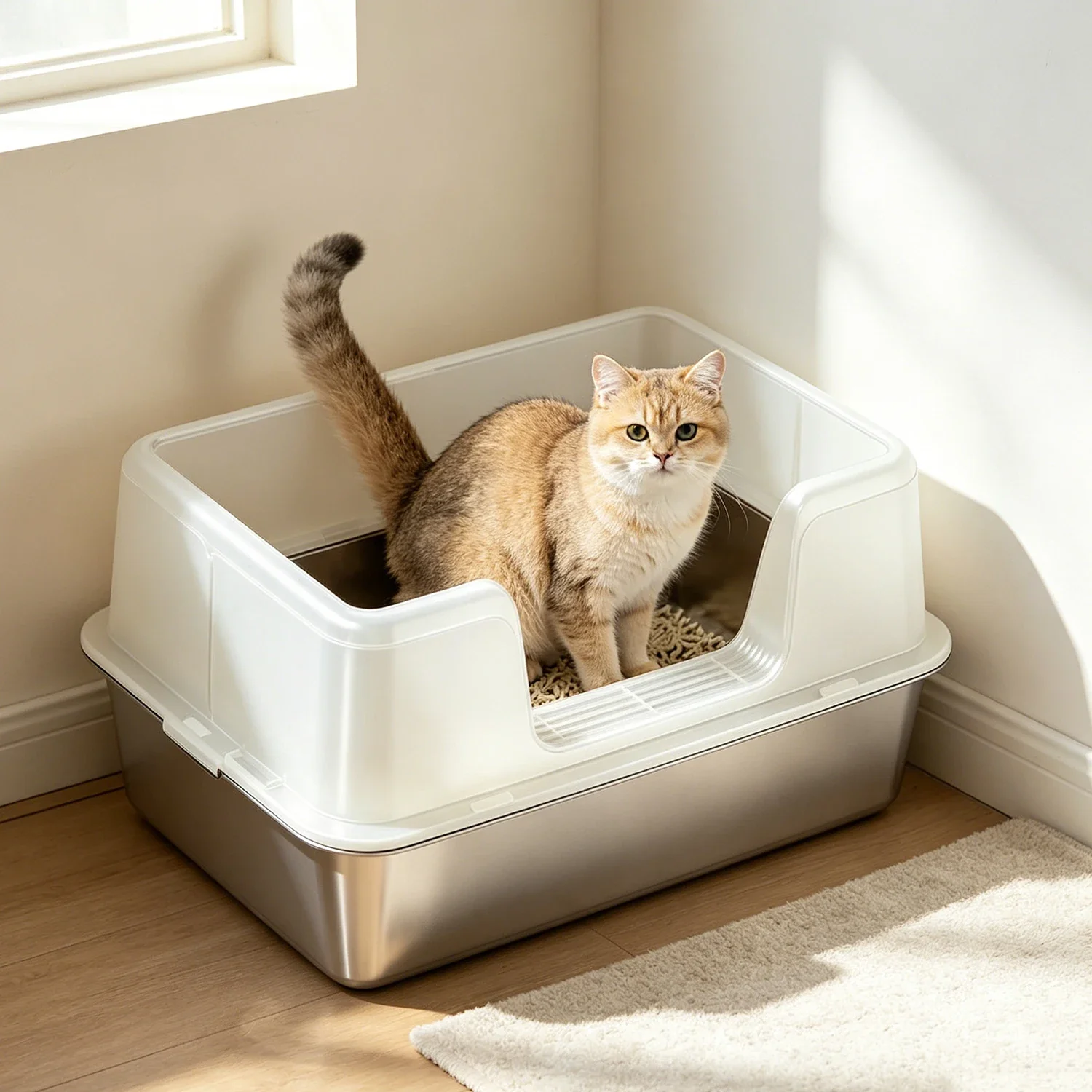 Unique Stainless Steel Semi-Enclosed Cat Litter Box High Sides Anti-Splash 3 Sizes Classic