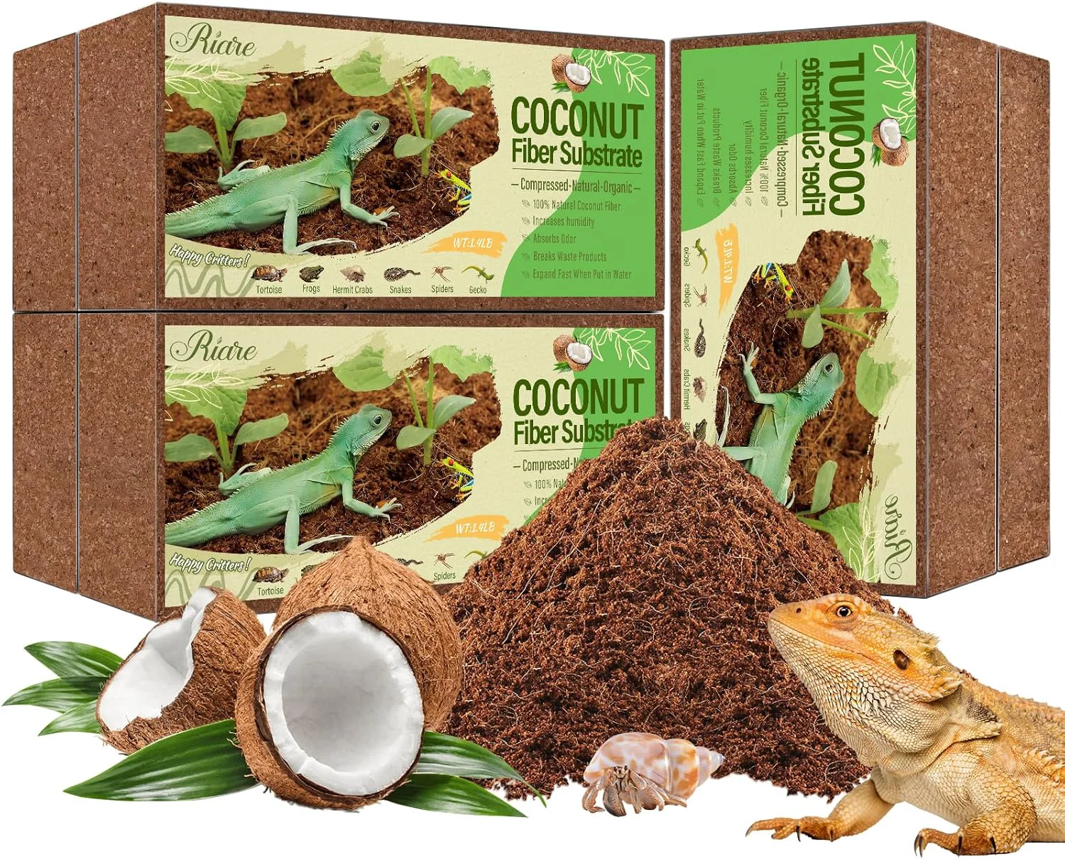 Riare 6 Pack Natural Coconut Fiber Substrate for Reptile- Premium Compressed Coconut Husk Terrarium Bedding for Reptile Tortoise Frogs Snakes Hermit Crabs Burrowing Animals Prestigious