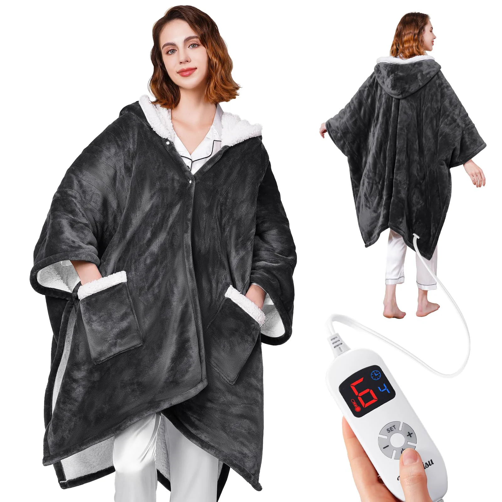 High-Performance Ocuuziisu Wearable Heated Throw Blanket with Pockets and Hood 50 x 70 Flannel and Sherpa Electric Wrap 9 Heating Levels 10-Hour Auto Shut Off Machine Washable Gray Casual