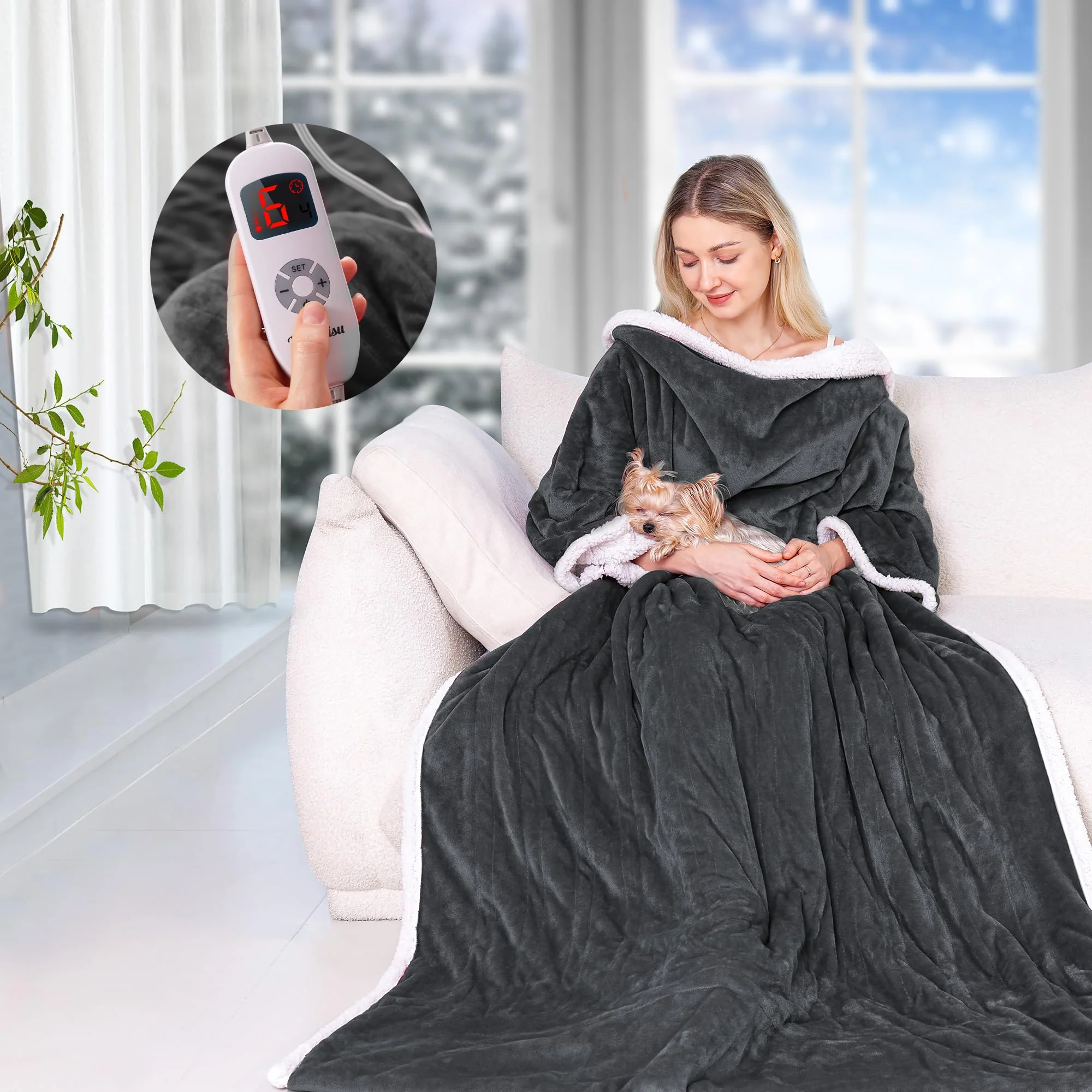 Solid Ocuuziisu Wearable Heated Throw Blanket with Pockets 50 x 70 Flannel and Sherpa Electric Wrap Poncho Shawl 9 Heat Settings 10-Hour Auto Shut Off Machine Washable Gray Long-Lasting
