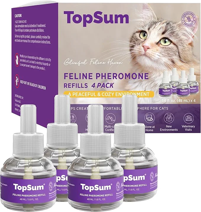 Exceptional TopSum Cat Calming Pheromone Diffuser Feline Pheromones Plug in for Stress Along At Home Spraying Fighting Scratching Aggression Excessive Meowing Purple– 4 Refills New About This Green
