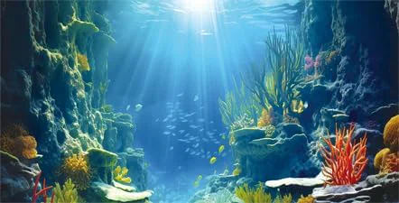 Convenient 24X12IN Blue Sea Floor Aquarium Background Natural Underwater World 3D Effect Fish Tank Decorations Background Art Terrarium Background with 8 EVA Double-Sided Tape Healthy