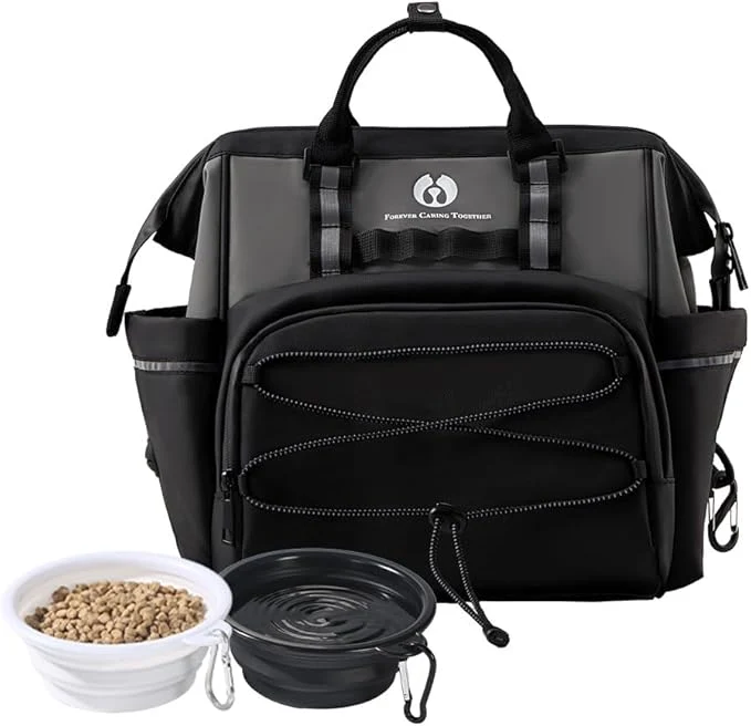 Fast Dog Travel Bag Airline Pet Supplies Backpack Dog Travel Backpack Accessories Set with 2 Silicone Collapsible Bowls and 1 Leash Clip for Camping Road Trips Weekends Away（Black）About This First-Class