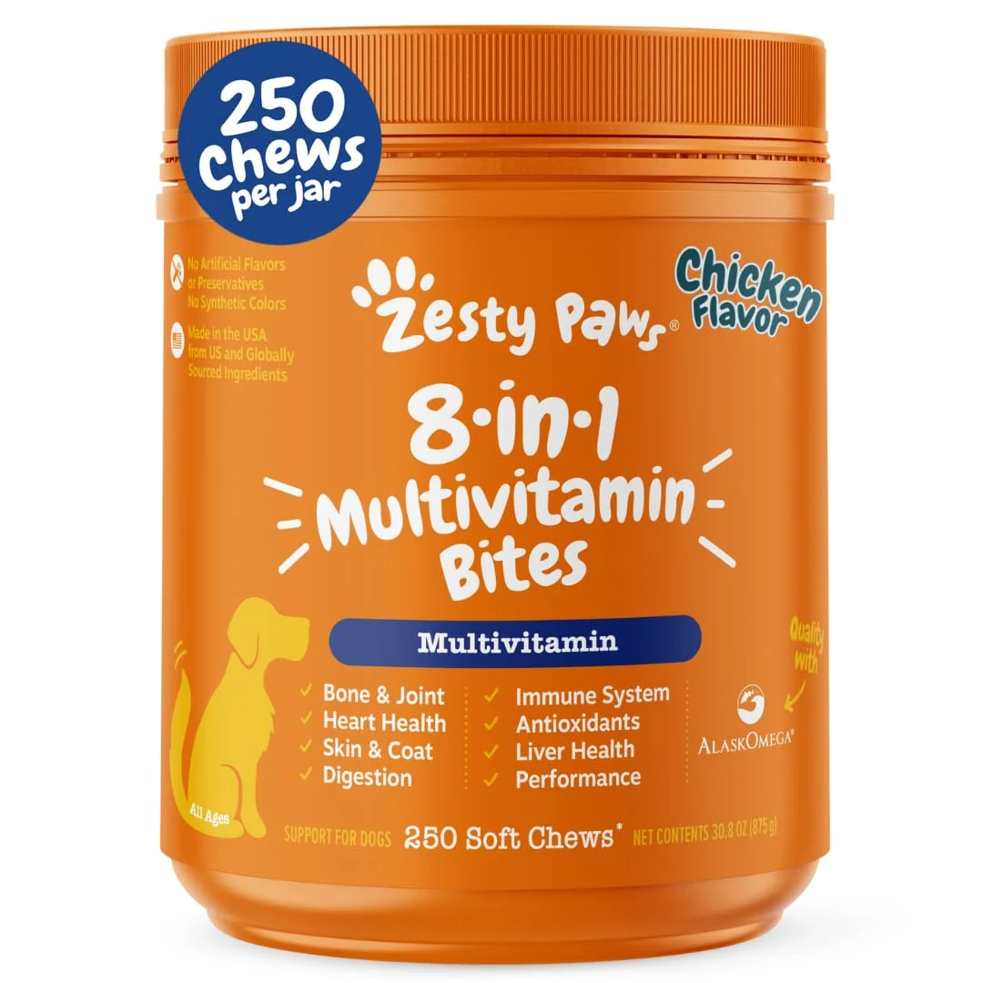 Classic Zesty Paws Dog Multivitamin – 8-in-1 Chewables for Hip Joints Skin Coat Omega-3 250ct High-Grade