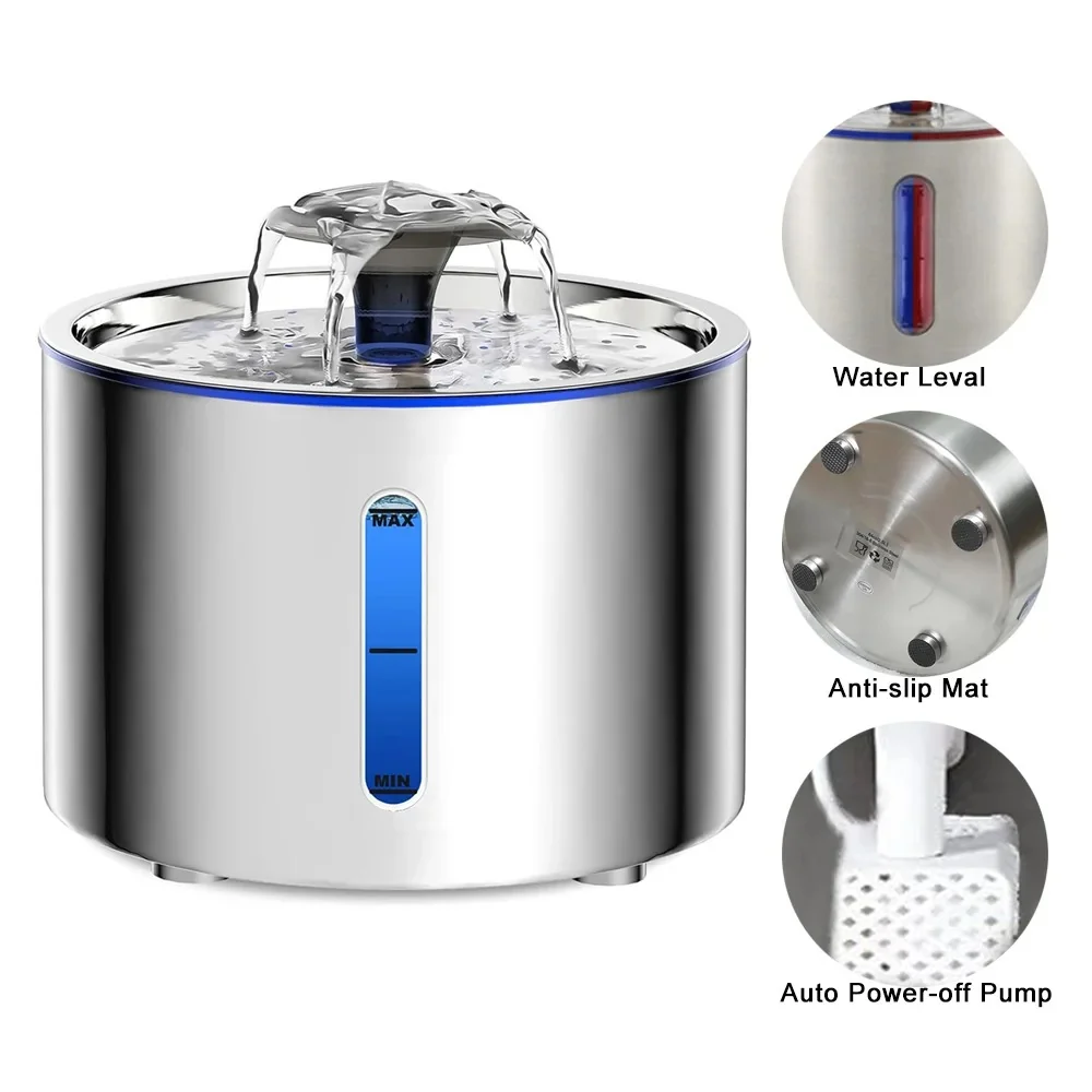Verified 2.5L Stainless Steel Automatic Cat Water Fountain Auto Power-off Fount Official