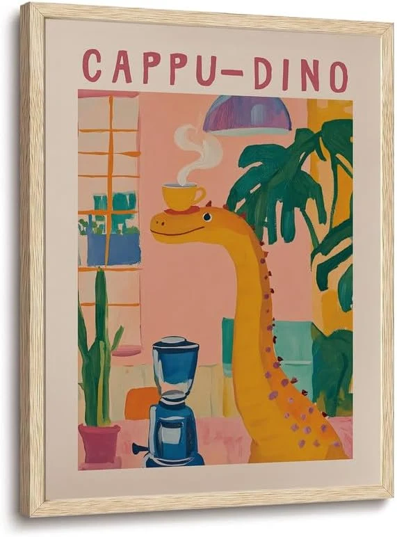 Organic XJYISUO Framed Wall Art Trendy Coffee Wall Decor Whimsical Cappu-Dino Canvas Art Retro Dinosaur Coffee Pictures Funny Dopamine Paintings Funky Artwork For Kitchen Coffee Bar Living RoomAbout This Practical