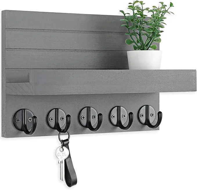 Flexible Key Holder for Wall Decorative Key and Mail Holder with Shelf Has Large Key Hooks for Bags Coats Umbrella – Paulownia Wood Key Hanger with Mounting Hardware 9.8 W x 6.7 H x 4.2 D About ThisOverview Fine