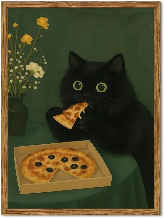 Optimized Funny Black Cat Wall Art Whimsical Black Cat Eating Pizza Wall Decor Cute Animal Dark Green Kitchen Poster Canvas Prints for Bedroom Living Dining Room 16x24 inch Wood FramedAbout This Effective