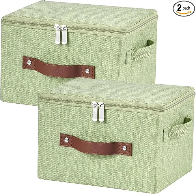 2 Pack Storage Bins with Zipper Lid Cotton Linen Fabric Lidded Storage Baskets Boxes Foldable Washable Closet Shelf Clothes Organizer Container with PU Leather Handles Green Small Size About ThisOverview Soft