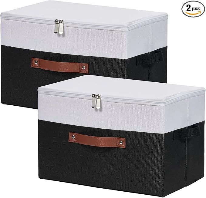 User-Friendly 2 Pack Storage Boxes with Zipper Lid Cotton Linen Fabric Lidded Storage Bins Baskets Foldable Washable Closet Shelf Clothes Organizer Container Faux Leather Handles Black White Large About ThisOverview Organic