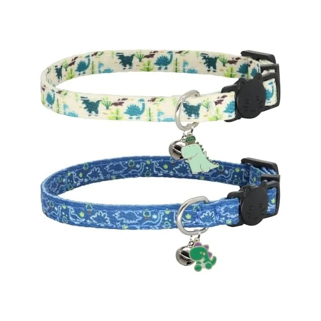 Trendy Cat Collar Breakaway 2 Pack Cotton Cats Collars with Bells Cute Dino Traditional