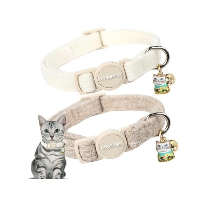 Trusted Cat Collar 2 Pack White Hemp Cat Collars Breakaway with Bell DOGWONG Smart