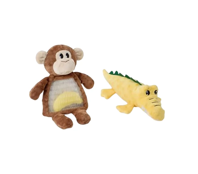 Flexible Monkey and Alligator Interactive Dog Squeak Plush Toys 2 Pack I Professional