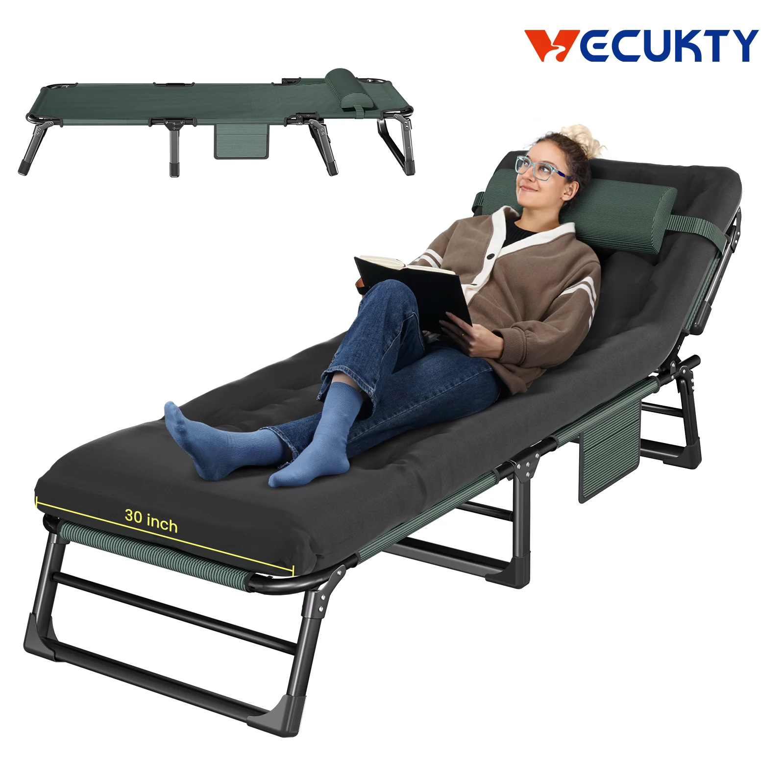 High-Grade 500lbs Load 4-Position Adjustable Folding Camping Bed Chair - With Pillow Pillow Pad for Adults Home Office Nap Travel Camping. Durable
