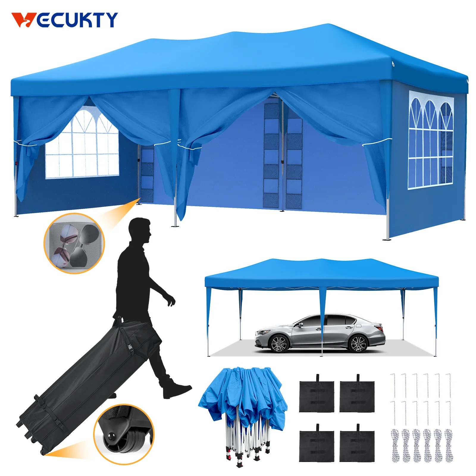Unique Vecukty 10' x 20' Super Sturdy Giant Pop up Canopy Tent with 6 Removable Sidewalls and Carry Bag Heavy Duty Party Tent Portable Instant Outdoor Shelter Gazebo Camping Essentials Blue Original Design
