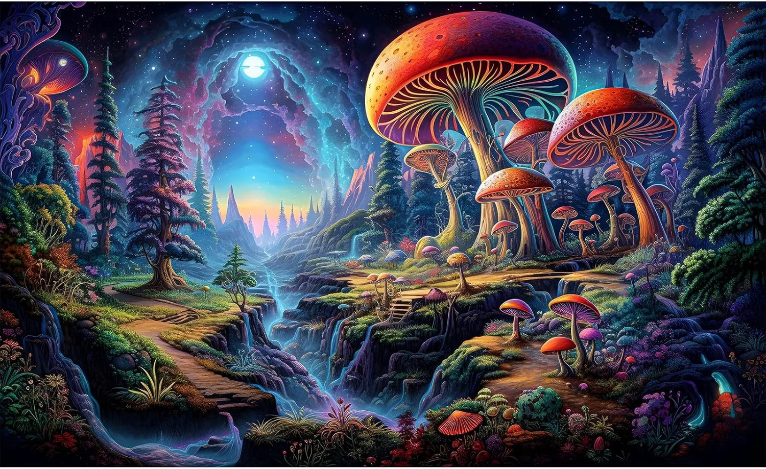 User-Friendly Forest Aquarium Background Cartoon Forest Landscape with Mushrooms and Flowers Terrarium Background Fantasy Pine Tree Mysterious Mushroom Theme Fish Tank Backdrop Poster Decor 72x24in Smart
