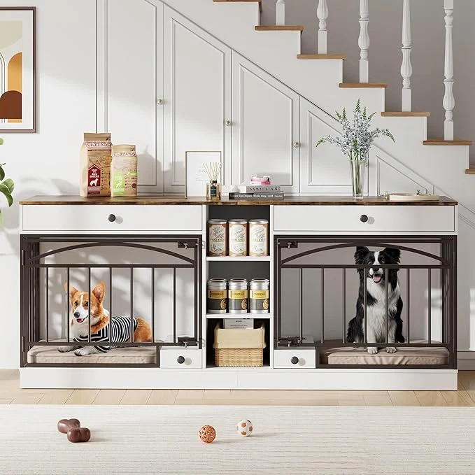 Authentic GarveeHome Dog Crate Furniture for 2 Dogs Dog Kennel Indoor with Storage and Feeding Bowls Double Dog Crate TV Stand for Small Medium Dogs WhiteAbout ThisOverview Sophisticated