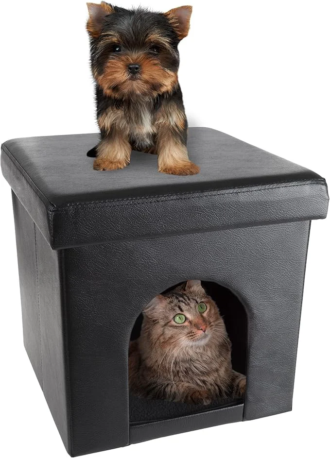 Unique Cat House – Collapsible Multipurpose Small Dog or Cat Ottoman with Footrest Cushioned Top and Interior Pillow by PETMAKER Black About ThisOverview Green