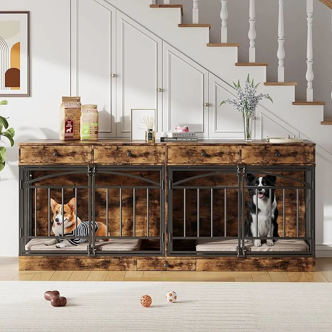 Next-Generation GarveeHome Dog Crate Furniture for 2 Dogs Dog Kennel Indoor with 4 Storage Drawers and Feeding Bowls Double Dog Crate TV Stand for Small Medium Dogs BrownAbout ThisOverview Responsible