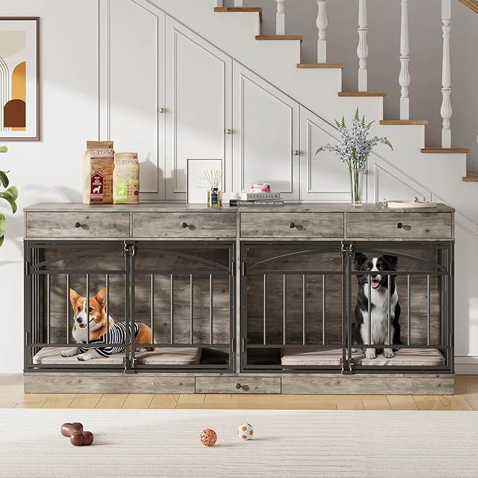 Genuine GarveeHome Dog Crate Furniture for 2 Dogs Dog Kennel Indoor with 4 Storage Drawers and Feeding Bowls Double Dog Crate TV Stand for Small Medium Dogs GreyAbout ThisOverview Efficient