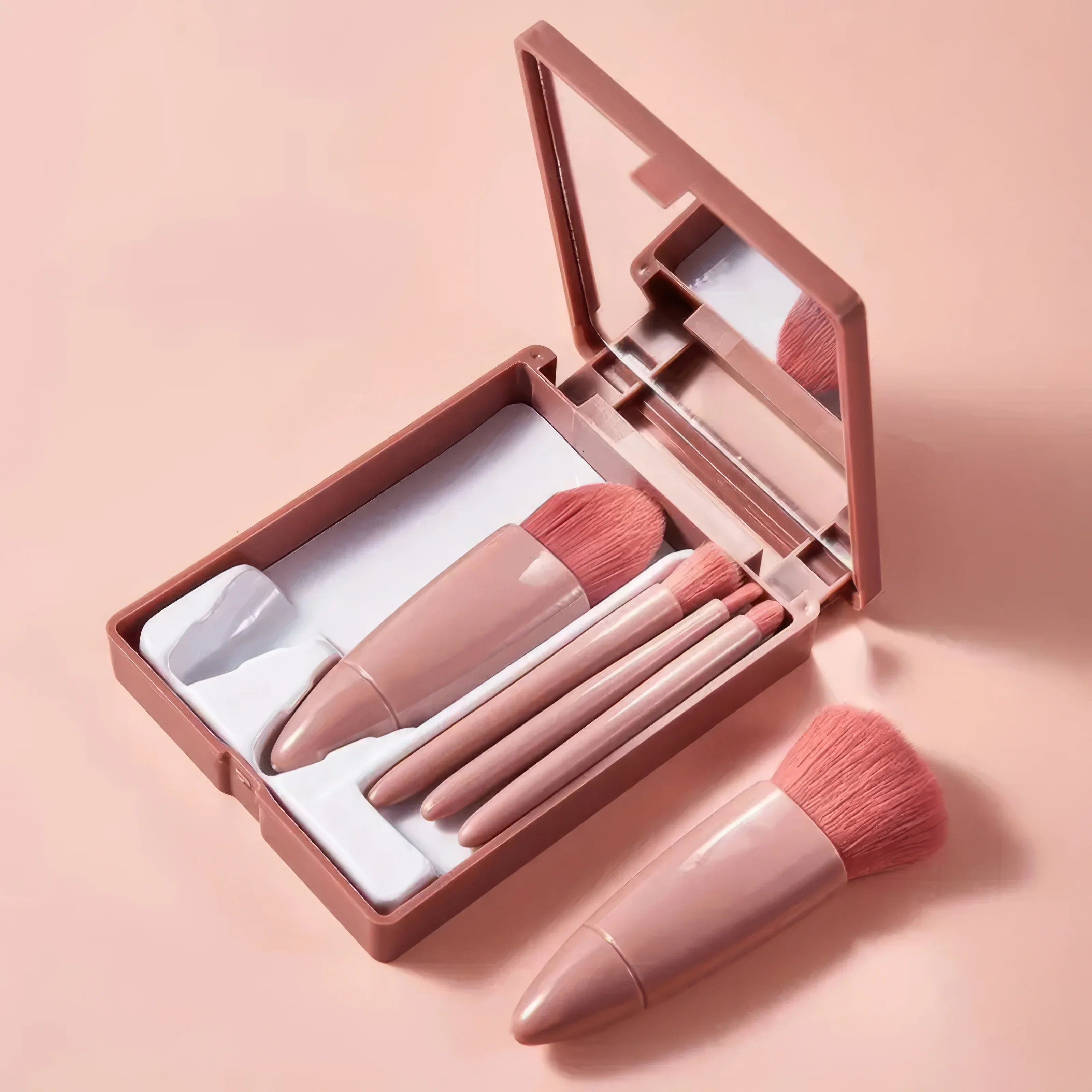 Effective Portable Pink Makeup Brush Kit 5PCS Compact With Mirror Soft Bristles Blush Eyeshadow Foundation Beauty Tools Natural