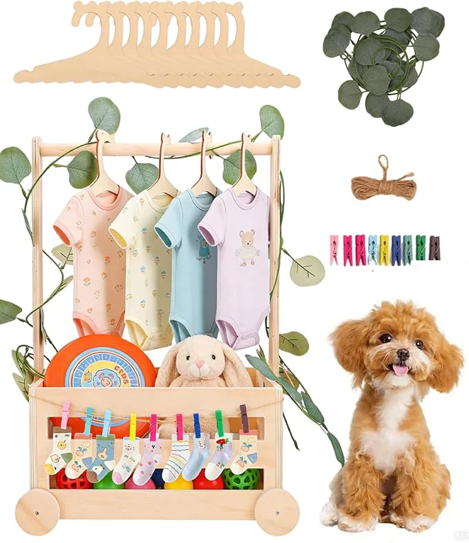 Trusted Wooden Dog Closet Pet Wardrobe Organizer 20 x 13 x 9 Inch Pet Clothes Storage Crate with Hanging Rack 10 Hangers Rope Clips for Dog Puppy Cat Toys Clothes AccessoriesAbout This Verified