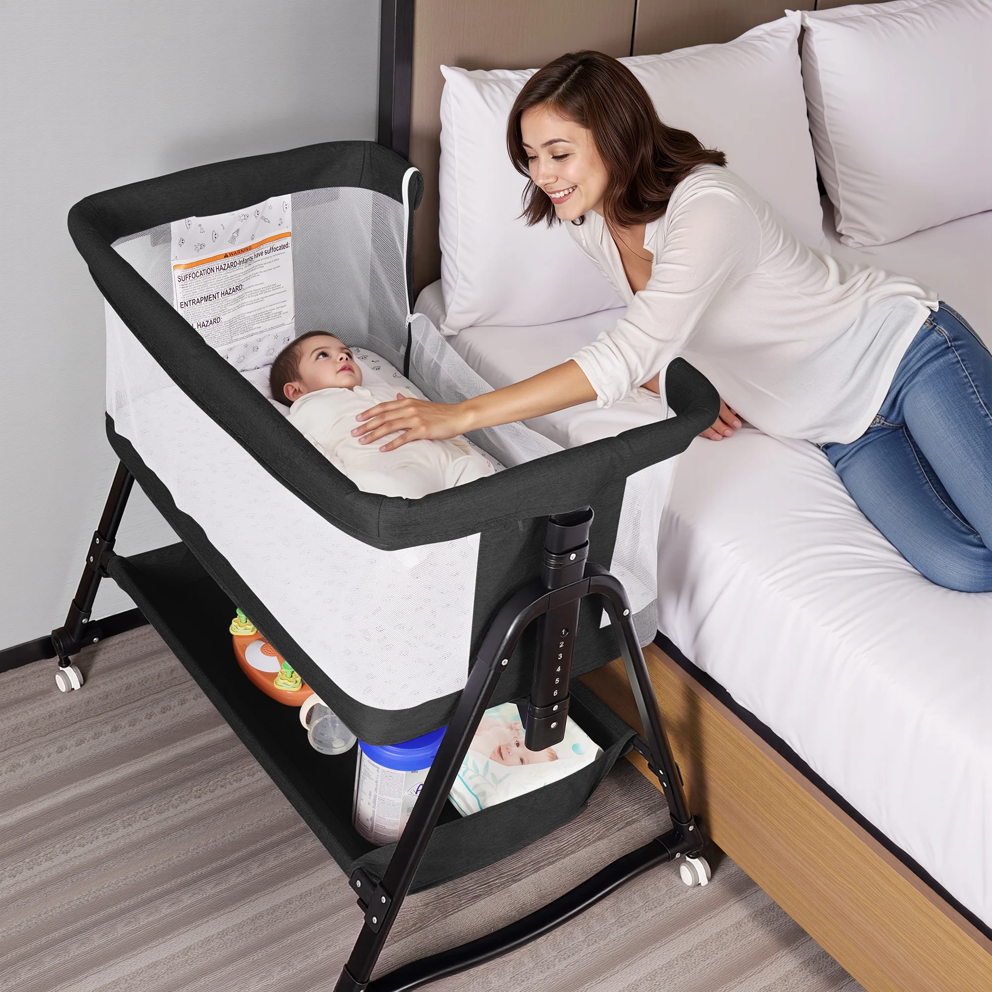 Trendy SACVON Baby Bassinet Bedside Sleeper - 6-Height Adjustable Crib to Match Adult Bed Breathable Mesh Walls Includes Mattress Storage Basket Black Superior