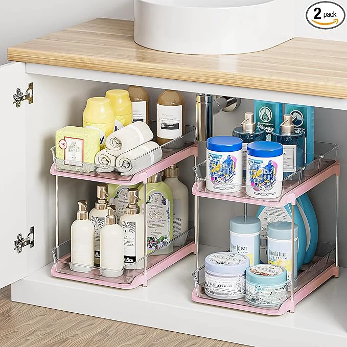 Trendy Delamu 2-Tier Multi-Purpose Bathroom Under Sink Organizers and Storage Stackable Kitchen Pantry Organization Pull Out Medicine Cabinet Organizer with Movable Dividers Pink 2 PackAbout ThisOverview Minimalist