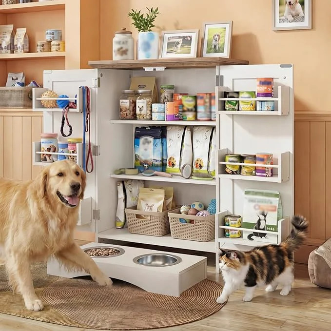 Breathable Pet Food Storage Cabinet with Bowls Dog Food Feeding Station with Storage Dog Food Cabinet with Adjustable Shelves Hooks Letter Stickers Pet Organizer and Storage for Cat Dog White OakAbout ThisOverview Smart