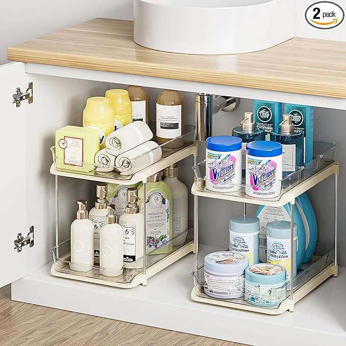 Sophisticated Delamu 2-Tier Multi-Purpose Bathroom Under Sink Organizers and Storage Stackable Kitchen Pantry Organization Pull Out Medicine Cabinet Organizer with Movable Dividers Beige 2 PackAbout ThisOverview Official