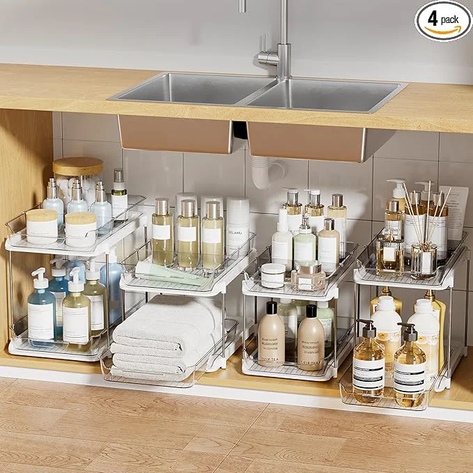 Convenient Delamu 2-Tier Multi-Purpose Bathroom Under Sink Organizers and Storage Stackable Kitchen Pantry Organization Pull Out Medicine Cabinet Organizer with Movable Dividers White 4PackAbout ThisOverview Natural