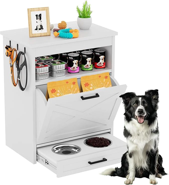 Top-Quality Modern Dog Food Storage Cabinet with 2 d Doggy Bowls Pet Feeding Station with Organizer Tilt Out Pet Food Cabinet Furniture WhiteAbout ThisOverview Innovative