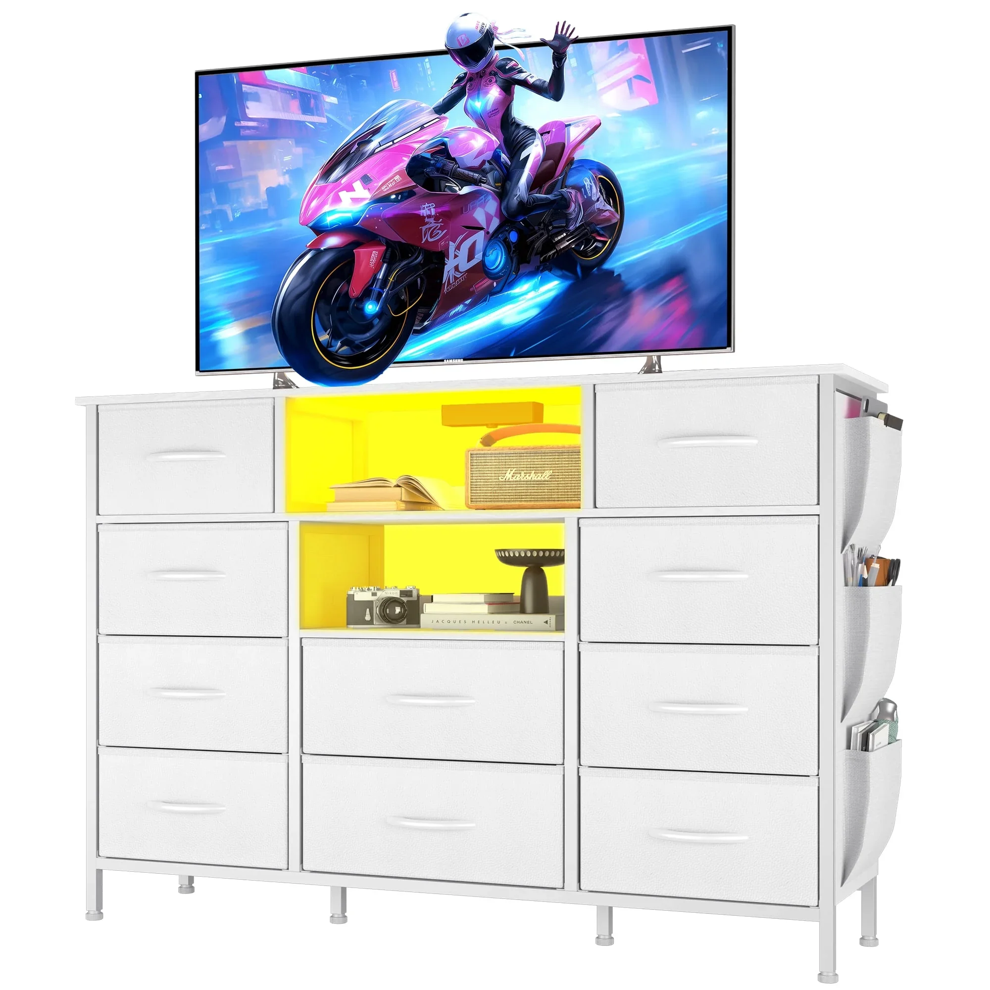 High-Grade Eunon Dresser TV Stand with 10 Drawers for 55 TV Stand with LED Lights Power Outlets Wide Dresser with Shelves Side Pockets for Bedroom White Easy-to-Use
