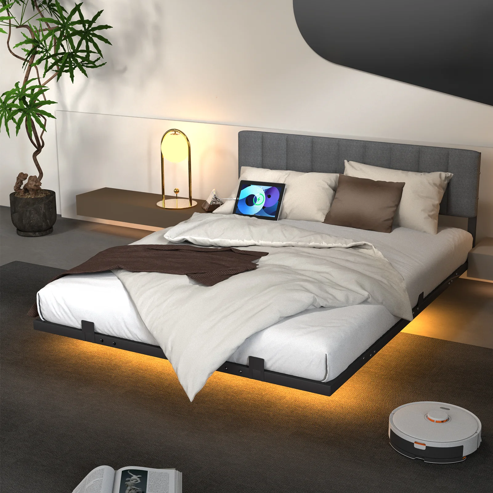 Secure Behost King Modern Metal Platform Bed with LED Lights Grey Quality