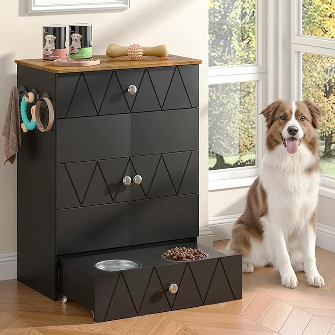 World-Class Pet Feeding Station with Storage Raised Dog Bowls Pet Feeder Cabinet with Adjustable Shelves Rolling Drawer Hooks for Feeding Watering Supplies Black About ThisOverview Original Design