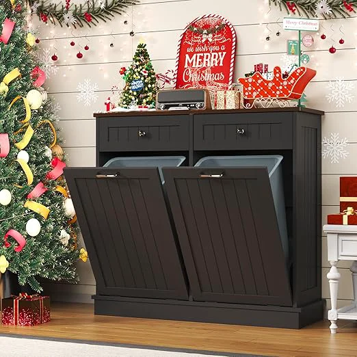 Relaxed Tilt Out Trash Can Cabinet Dog Proof with Double Wood Hidden Trash Can Holder Kitchen Standing Recycling Cabinet（Black）About ThisOverview Exceptional
