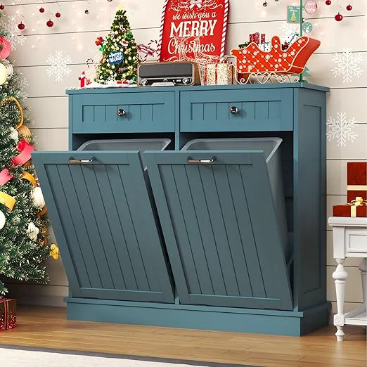 Convenient Tilt Out Trash Cabinet with Double Hidden Trash Can Holder Kitchen Standing Recycling Cabinet Dog Proof Trash Can Wood TealAbout ThisOverview Casual