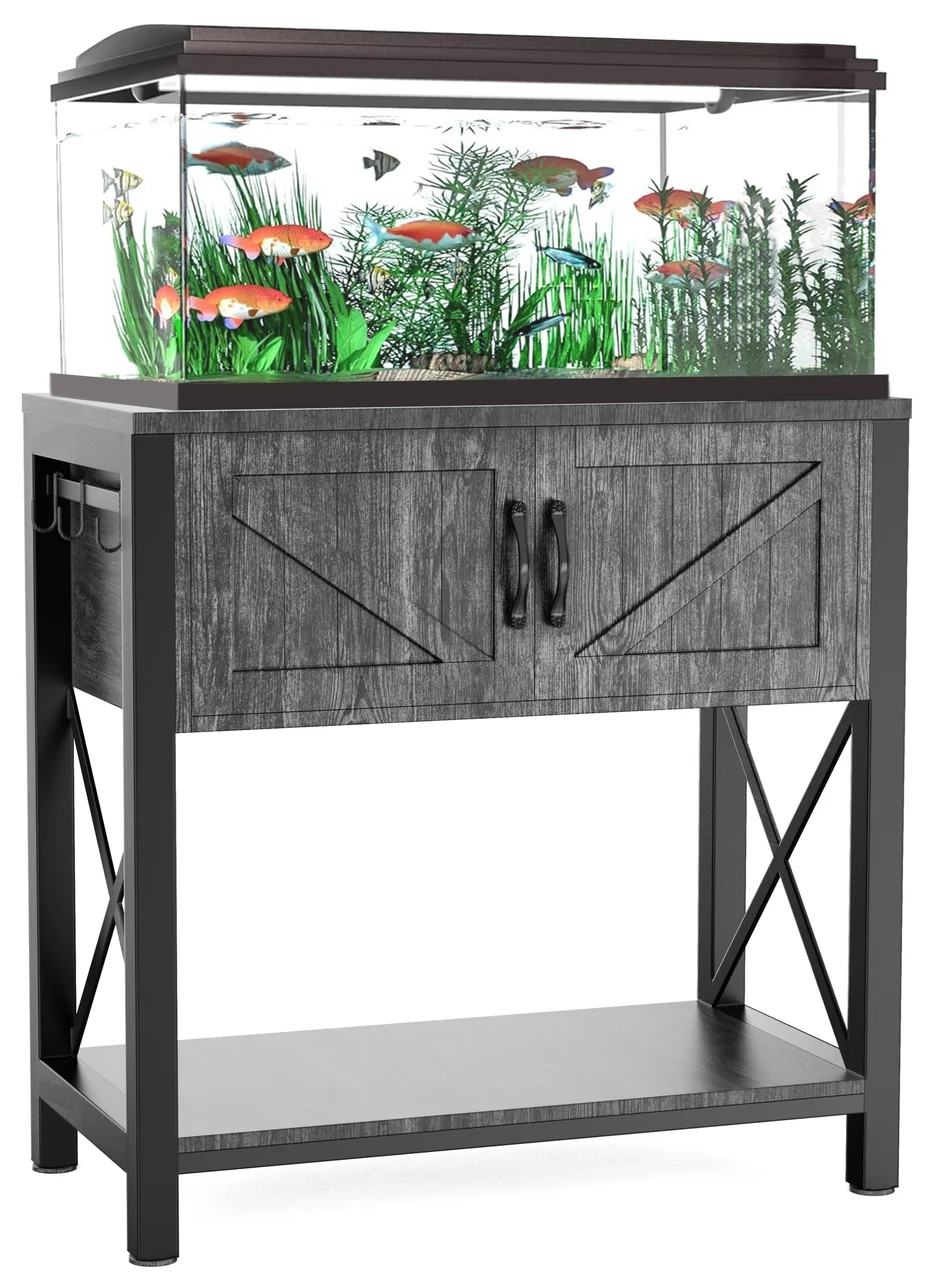 Traditional 20 Gallon Fish Tank Stand with Storage Cabinet Shelf - Solid Metal Frame Waterproof Wood Furniture Style Aquarium Stand Consistent
