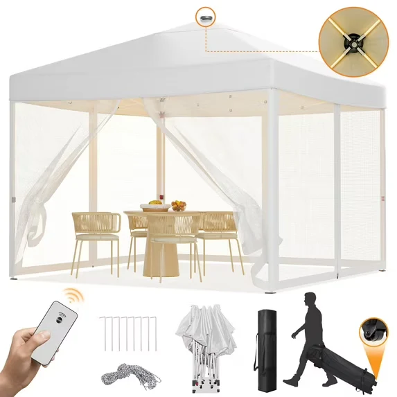 Elegant Vecukty 10x10ft Pop Up Canopy Tent with Removable Mesh Mosquito Sidewalls Remote-Controlled 8-Color LED Lights Instant Outdoor Shelter Gazebo Tent White Proven