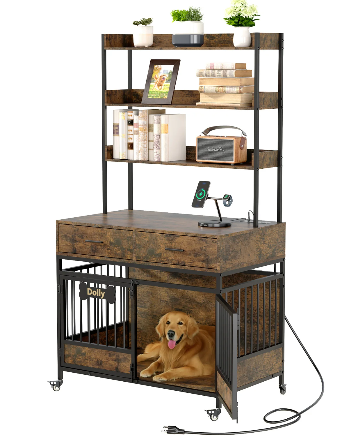 Advanced Behost 39 Dog Crate Kennel Cage Furniture for Large Dogs with 3-Tier Storage and Lockable Wheels LED Light Rustic Brown Eco-Friendly