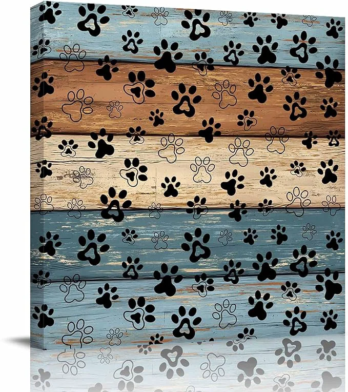 High-Performance Framed Canvas Wall Art for Living Room Dog Paw Print Wall Decor Retro Brown Mist Blue Wood Grain Aesthetic Paintings for Bedroom Office Kitchen Bathroom Ready to Hang Wall Pictures 20x20 InchAbout This Quality